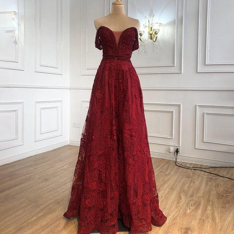 Vestidos de noche de lujo color vino tinto corte A, vestidos de fiesta 2025 con escote en forma de corazón y cristales, LA71025 