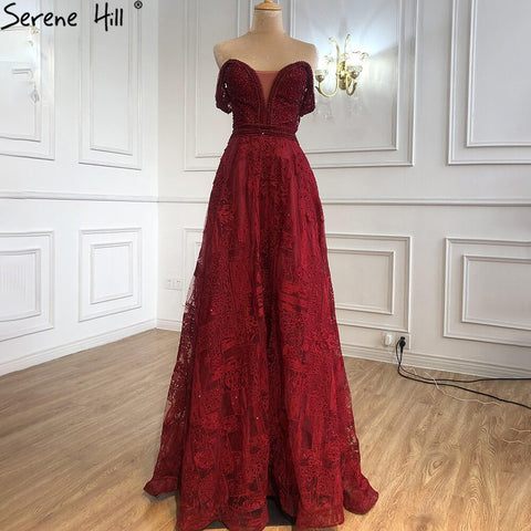 Vestidos de noche de lujo color vino tinto corte A, vestidos de fiesta 2025 con escote en forma de corazón y cristales, LA71025 