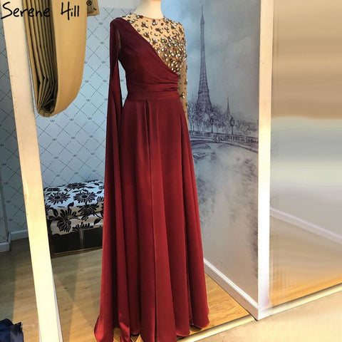 Vestidos de noche de lujo color vino tinto corte A, un hombro, diamantes, satén, para mujer, fiesta, LA70923 