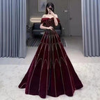 Wine Red A Line Sleeveless Boat Neck Beaded Luxury Geometry Pattern Evening Dresses Gowns For Women Party LA71790