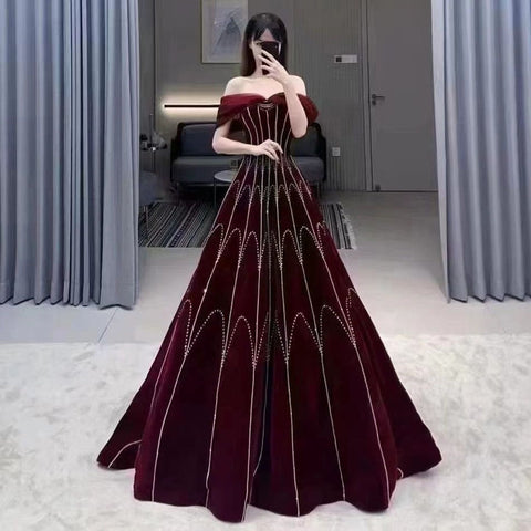 Vestido de noche rojo vino, corte A, sin mangas, cuello barco, con cuentas y estampado geométrico de lujo, para mujer, fiesta, LA71790