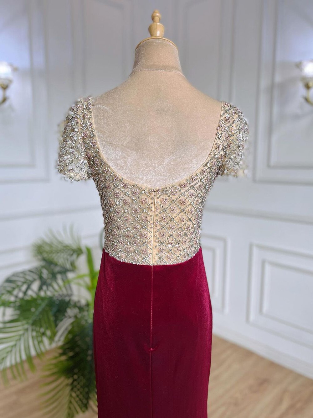 Wine Red Beaded Arabic Evening Dresses Gowns Mermaid Luxury Elegant For Women Party LA71876