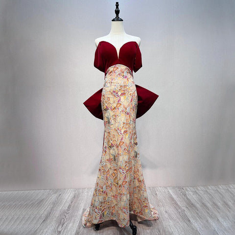 Vestidos de noche estilo sirena clásicos color vino tinto 2025, vestidos formales de Dubái para mujer, vestidos de fiesta LA72118