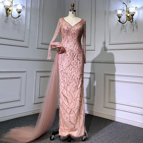 Elegante vestido de noche de sirena color vino tinto 2025, falda de cuentas de lujo para mujer, fiesta LA71642 