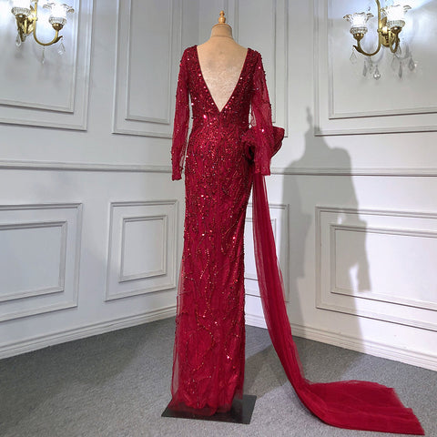 Elegante vestido de noche de sirena color vino tinto 2025, falda de cuentas de lujo para mujer, fiesta LA71642 