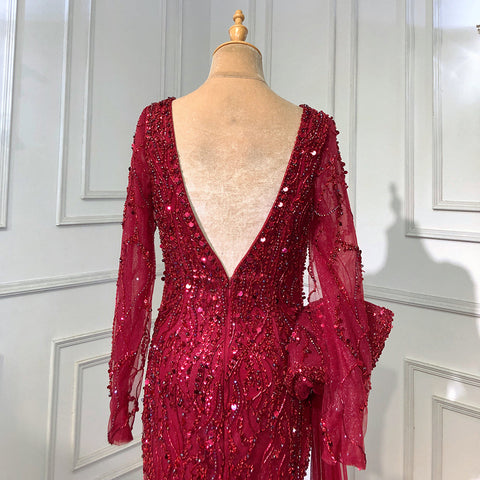 Elegante vestido de noche de sirena color vino tinto 2025, falda de cuentas de lujo para mujer, fiesta LA71642 