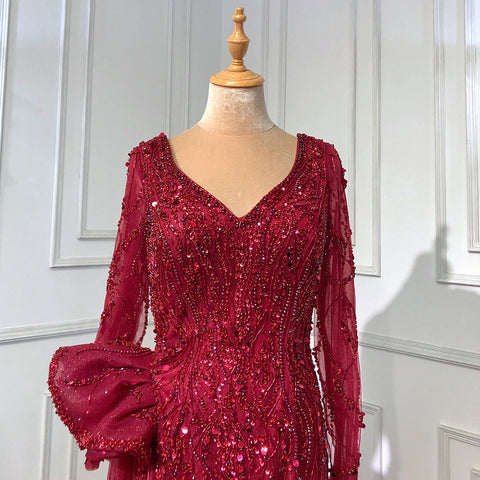 Elegante vestido de noche de sirena color vino tinto 2025, falda de cuentas de lujo para mujer, fiesta LA71642 