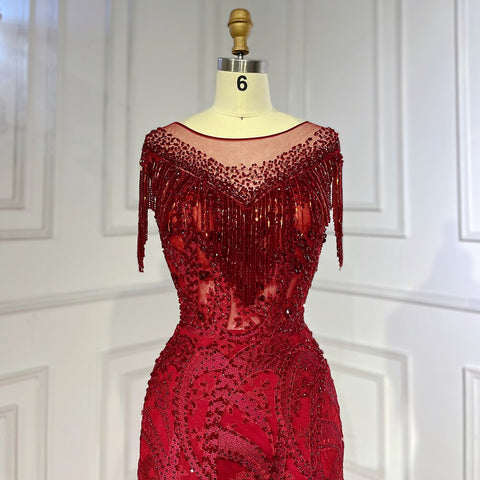 Vestido de noche elegante de sirena con encaje y borlas, estilo árabe, color vino tinto, para mujer, boda, fiesta, LA71834 
