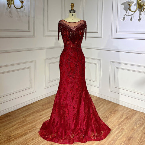 Vestido de noche elegante de sirena con encaje y borlas, estilo árabe, color vino tinto, para mujer, boda, fiesta, LA71834 