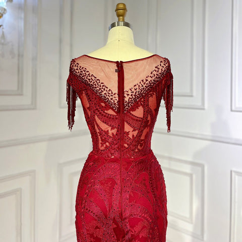 Vestido de noche elegante de sirena con encaje y borlas, estilo árabe, color vino tinto, para mujer, boda, fiesta, LA71834 