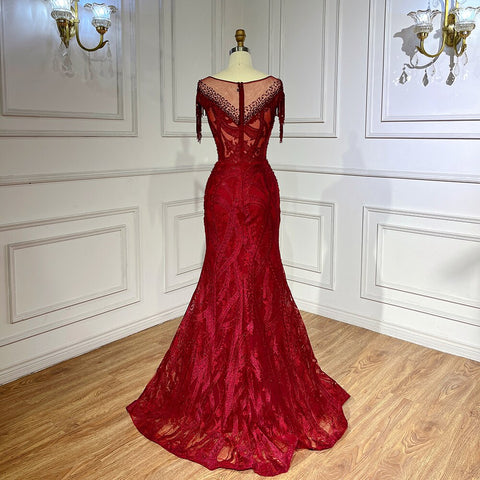 Vestido de noche elegante de sirena con encaje y borlas, estilo árabe, color vino tinto, para mujer, boda, fiesta, LA71834 
