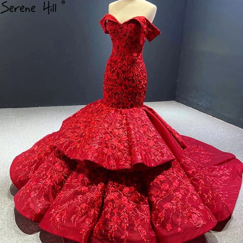 Vestidos de novia estilo sirena con flores hechas a mano en color rojo vino 2025, hombros descubiertos, elegantes vestidos de novia HA2462, hechos a medida 