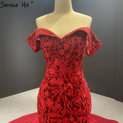 Vestidos de novia estilo sirena con flores hechas a mano en color rojo vino 2025, hombros descubiertos, elegantes vestidos de novia HA2462, hechos a medida 