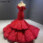 Wine Red Handmade Flowers Mermaid Wedding Dresses 2025 Off Shoulder Elegant Bride Gowns HA2462 Custom Made