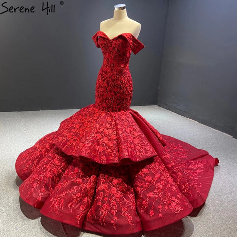 Vestidos de novia estilo sirena con flores hechas a mano en color rojo vino 2025, hombros descubiertos, elegantes vestidos de novia HA2462, hechos a medida 