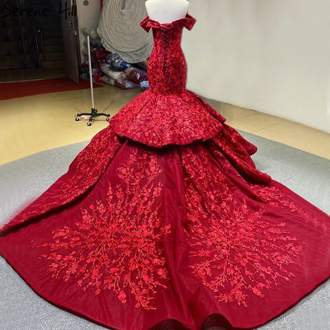 Vestidos de novia estilo sirena con flores hechas a mano en color rojo vino 2025, hombros descubiertos, elegantes vestidos de novia HA2462, hechos a medida 