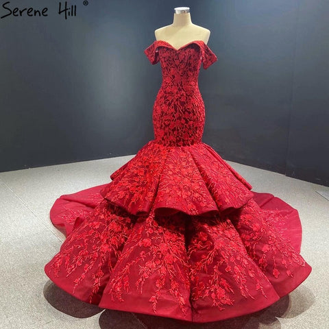 Vestidos de novia estilo sirena con flores hechas a mano en color rojo vino 2025, hombros descubiertos, elegantes vestidos de novia HA2462, hechos a medida 