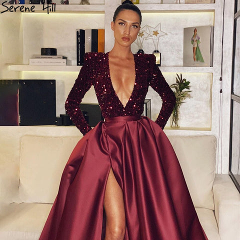 Vestidos de noche rojos vino con abertura alta 2025, lujosos y brillantes Mikaduo para mujer, fiesta LA71062 