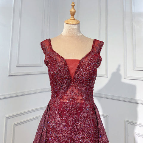 Vestidos de noche de lujo color vino tinto 2025, elegantes vestidos de sirena con cuentas y sobrefalda para mujer, para fiesta LA71611 