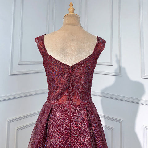 Vestidos de noche de lujo color vino tinto 2025, elegantes vestidos de sirena con cuentas y sobrefalda para mujer, para fiesta LA71611 