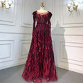 Wine Red Mermaid Elegant Evening Velvet Muslim Dresses Long Sleeves 2025 Beaded Luxury For Women Party LA71637