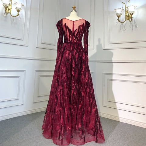 Elegante vestido musulmán de noche de terciopelo con escote sirena color vino tinto, mangas largas, 2025, con cuentas, de lujo, para mujer, fiesta, LA71637 