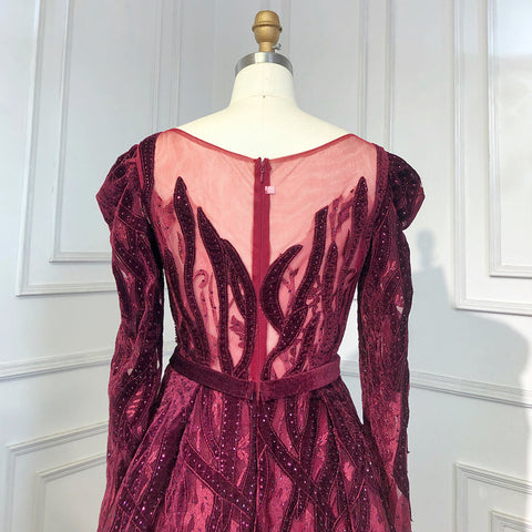 Elegante vestido musulmán de noche de terciopelo con escote sirena color vino tinto, mangas largas, 2025, con cuentas, de lujo, para mujer, fiesta, LA71637 