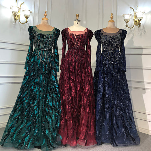 Elegante vestido musulmán de noche de terciopelo con escote sirena color vino tinto, mangas largas, 2025, con cuentas, de lujo, para mujer, fiesta, LA71637 