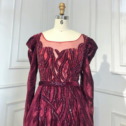 Elegante vestido musulmán de noche de terciopelo con escote sirena color vino tinto, mangas largas, 2025, con cuentas, de lujo, para mujer, fiesta, LA71637 