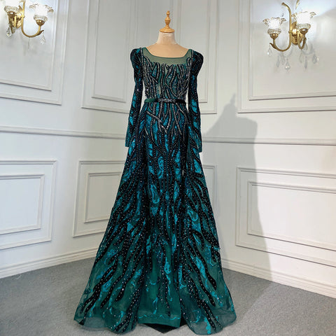 Elegante vestido musulmán de noche de terciopelo con escote sirena color vino tinto, mangas largas, 2025, con cuentas, de lujo, para mujer, fiesta, LA71637 