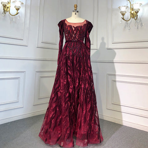 Elegante vestido musulmán de noche de terciopelo con escote sirena color vino tinto, mangas largas, 2025, con cuentas, de lujo, para mujer, fiesta, LA71637 