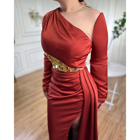 Vestido de noche de satén con abertura alta y corte sirena color vino tinto 2025, elegante, cuello redondo, para mujer, fiesta LA71285A 