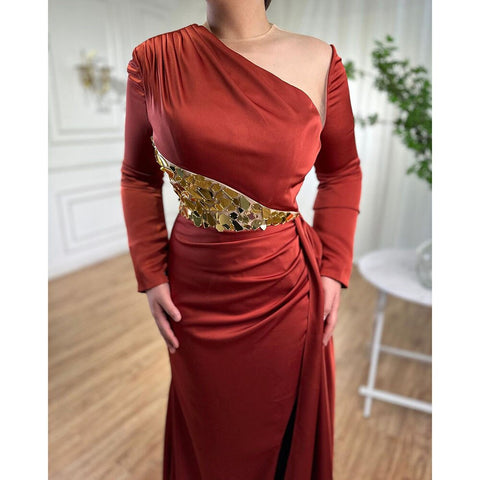 Vestido de noche de satén con abertura alta y corte sirena color vino tinto 2025, elegante, cuello redondo, para mujer, fiesta LA71285A 