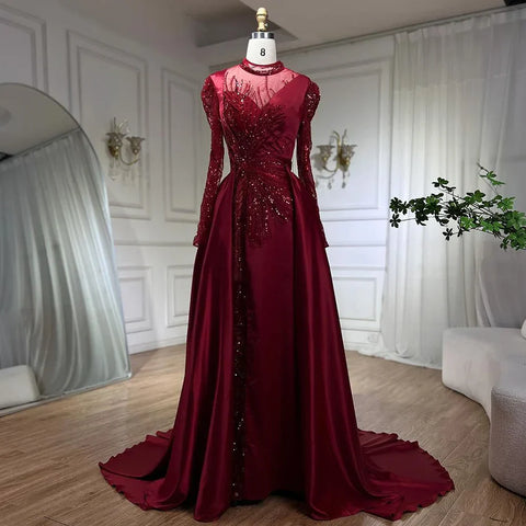 Vestidos de noche de satén con cuentas y encaje de sirena color vino tinto de lujo, vestidos formales de Dubái 2025 para mujer, fiesta de bodas LA72202 