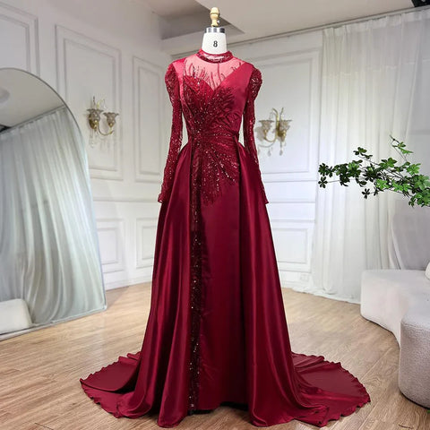Vestidos de noche de satén con cuentas y encaje de sirena color vino tinto de lujo, vestidos formales de Dubái 2025 para mujer, fiesta de bodas LA72202 