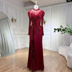 Wine Red Mermaid Luxury Lace Beaded Satin Evening Dresses Dubai Formal Gowns 2025 For Woman Wedding Party LA72202