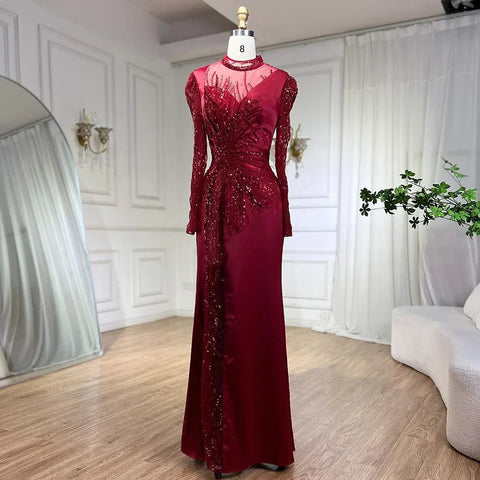 Vestidos de noche de satén con cuentas y encaje de sirena color vino tinto de lujo, vestidos formales de Dubái 2025 para mujer, fiesta de bodas LA72202 