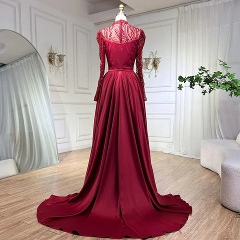 Vestidos de noche de satén con cuentas y encaje de sirena color vino tinto de lujo, vestidos formales de Dubái 2025 para mujer, fiesta de bodas LA72202 