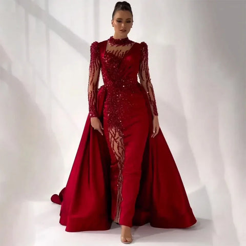 Vestidos de noche de satén con cuentas y encaje de sirena color vino tinto de lujo, vestidos formales de Dubái 2025 para mujer, fiesta de bodas LA72202 