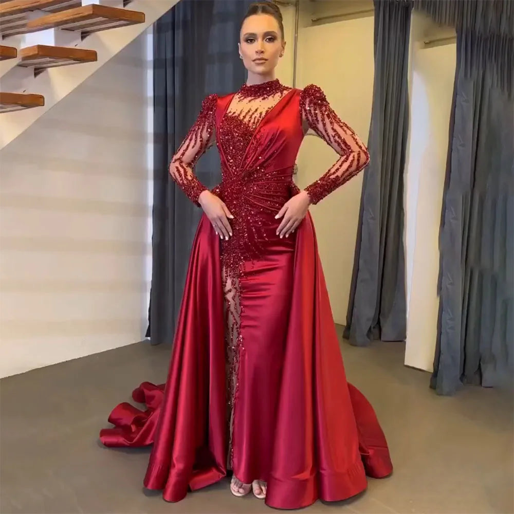 Wine Red Mermaid Luxury Lace Beaded Satin Evening Dresses Dubai Formal Gowns 2025 For Woman Wedding Party LA72202