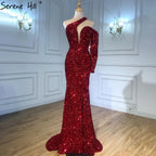 Wine Red Mermaid Sparkle Evening Dresses Gowns 2025 Luxury Elegant One Shoulder For Women Party LA71306
