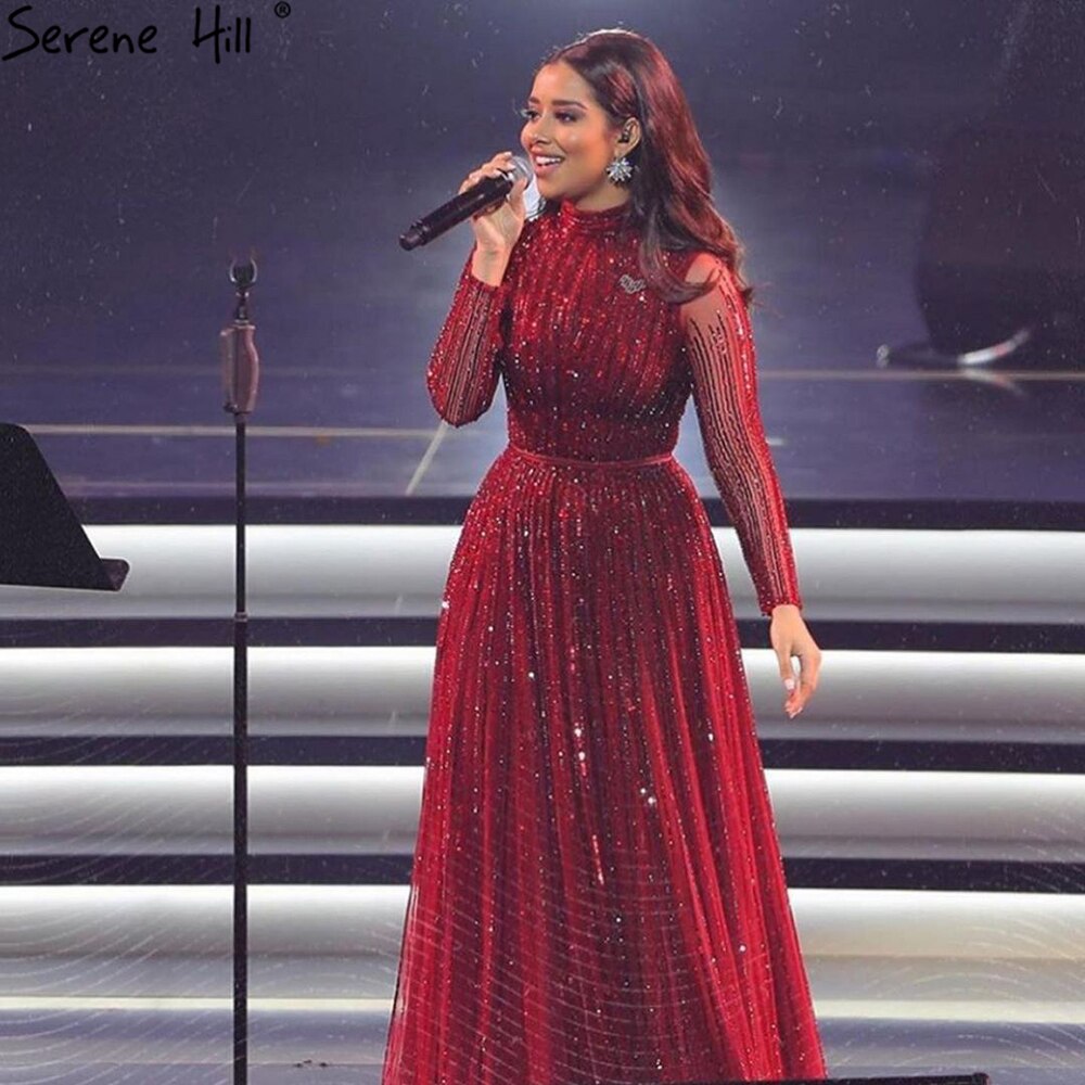 Wine Red Muslim Luxury Evening Dresses Gowns 2025 A-Line Sparkle Beaded For Women Party LA70991