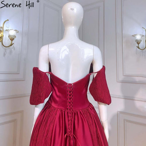 Vestidos de noche de satén rojo vino 2025, corte A, sencillos, de manga corta, sexys, para mujer, para fiesta, LA71347 