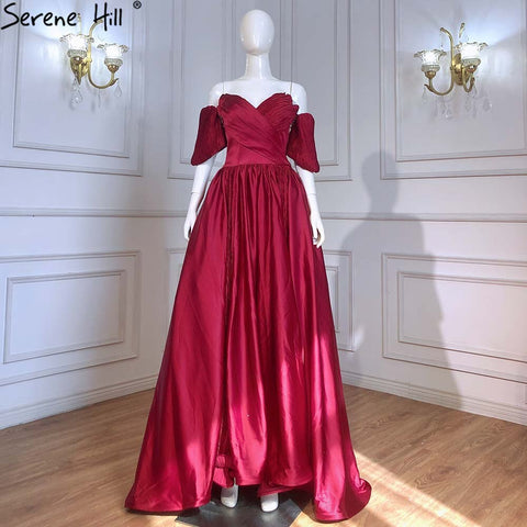 Vestidos de noche de satén rojo vino 2025, corte A, sencillos, de manga corta, sexys, para mujer, para fiesta, LA71347 