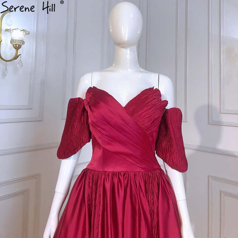 Vestidos de noche de satén rojo vino 2025, corte A, sencillos, de manga corta, sexys, para mujer, para fiesta, LA71347 