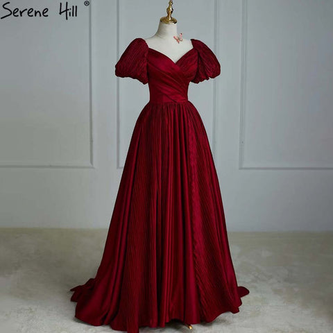 Vestidos de noche de satén rojo vino 2025, corte A, sencillos, de manga corta, sexys, para mujer, para fiesta, LA71347 
