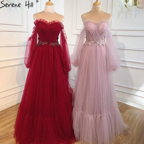 Vestido de noche rojo vino, sencillo y sexy, con mangas largas abullonadas y cordones, para mujer, vestido de fiesta HA2443 