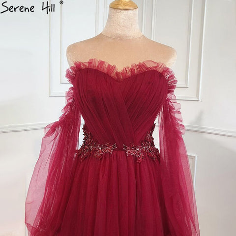 Vestido de noche rojo vino, sencillo y sexy, con mangas largas abullonadas y cordones, para mujer, vestido de fiesta HA2443 