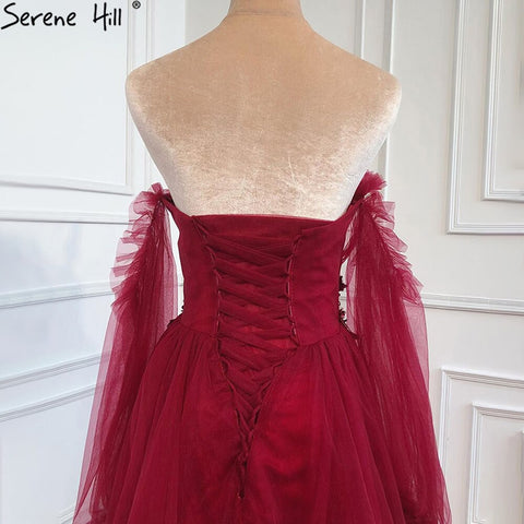 Vestido de noche rojo vino, sencillo y sexy, con mangas largas abullonadas y cordones, para mujer, vestido de fiesta HA2443 