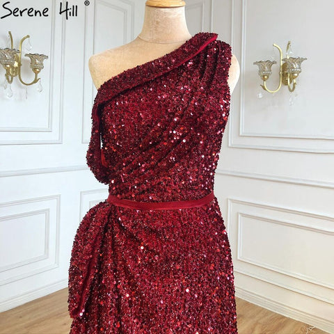 Vestido de noche de lujo rojo vino con abertura en forma de A, vestido de fiesta de un solo hombro, sexy, LA71005 